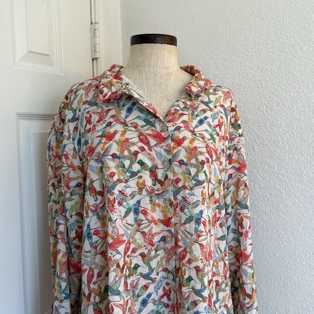John Mark Multicolor Bird Print Button-Up Blouse - White Base - Picture 10 of 12